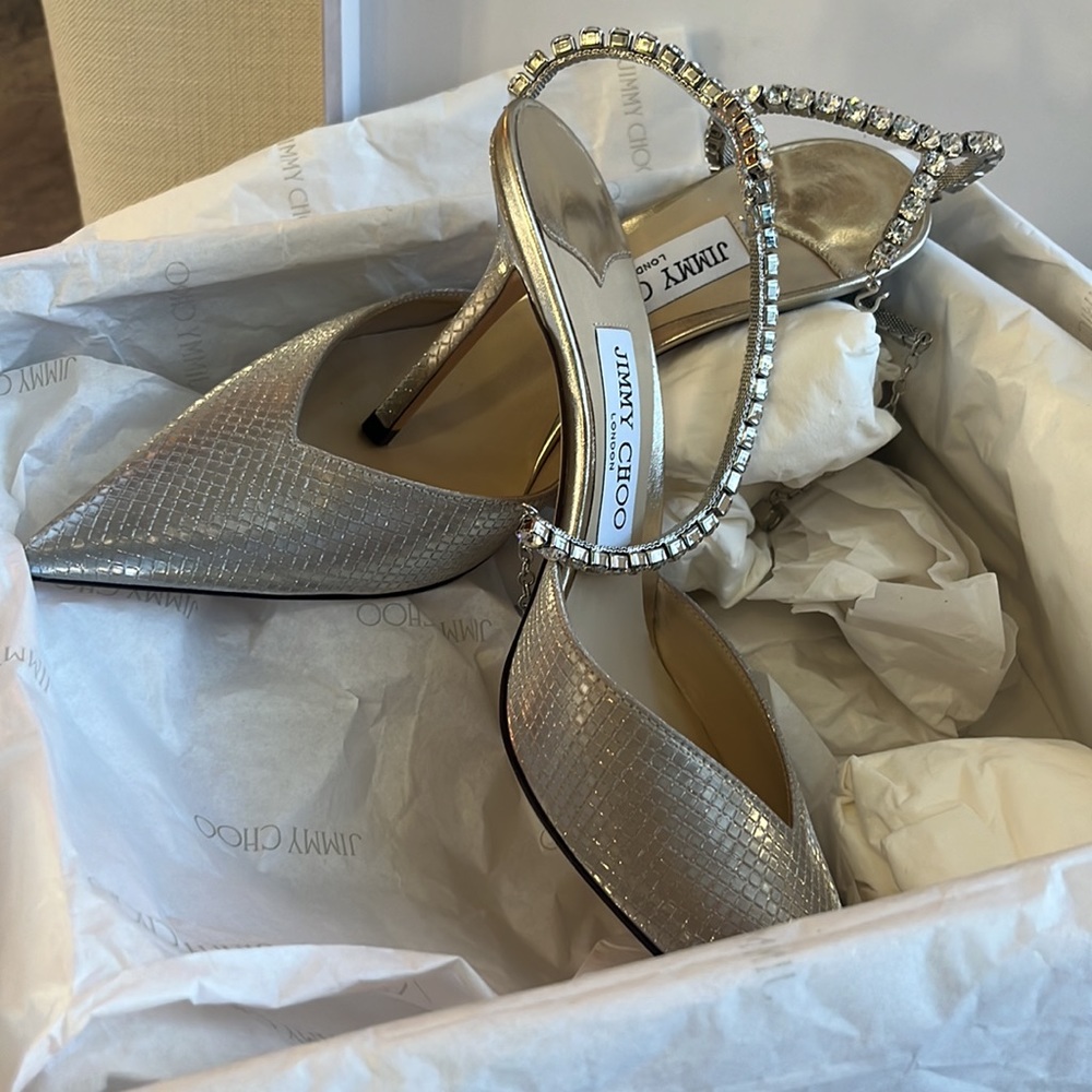 Jimmy Choo Saeda Crystal Ankle Strap Pointed Toe Pump NWT 8.5US / 38.5EU